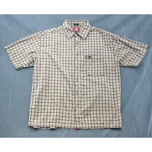 Ecko Unltd Mens Short Sleeve Button Down Shirt XL Tan Black Grid Check Cotton